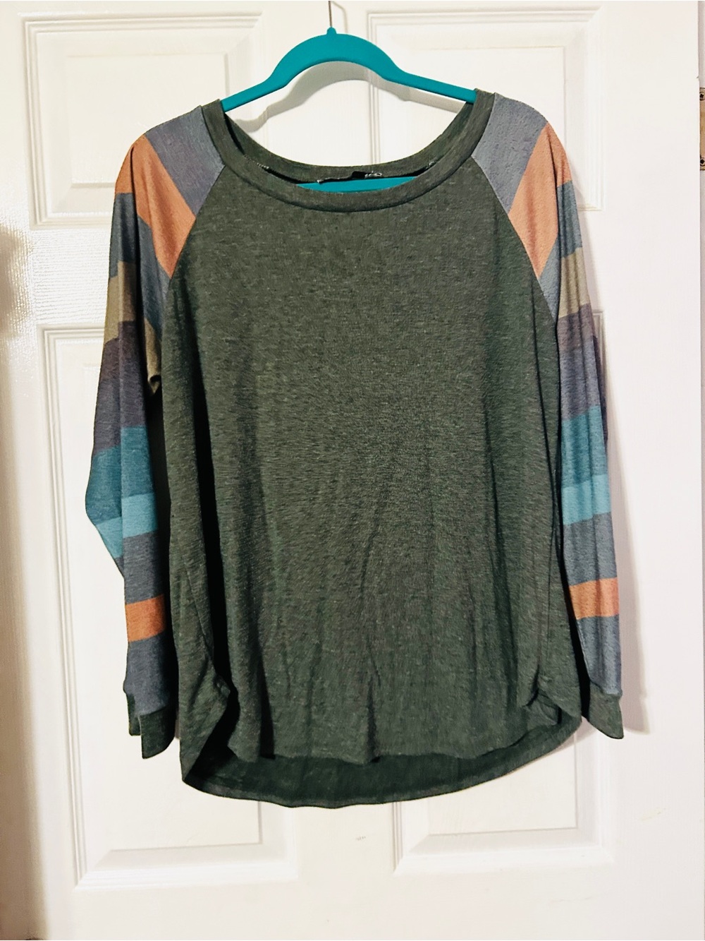 Olive Raglan Long-Sleeve Top with Multicolor Stripe Sleeves